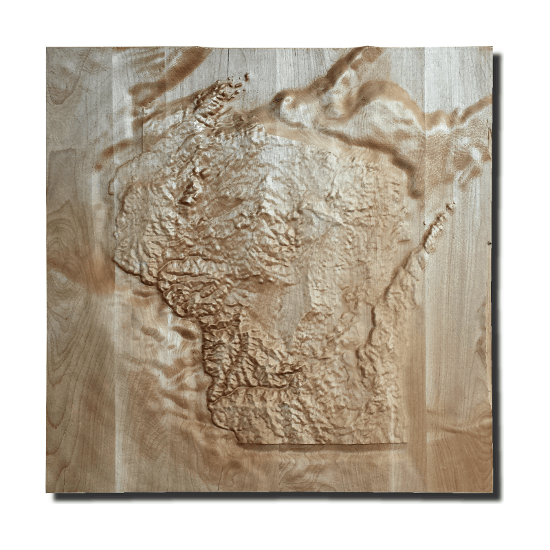 picture of a 30 inch square carved maple map of Wisconsin